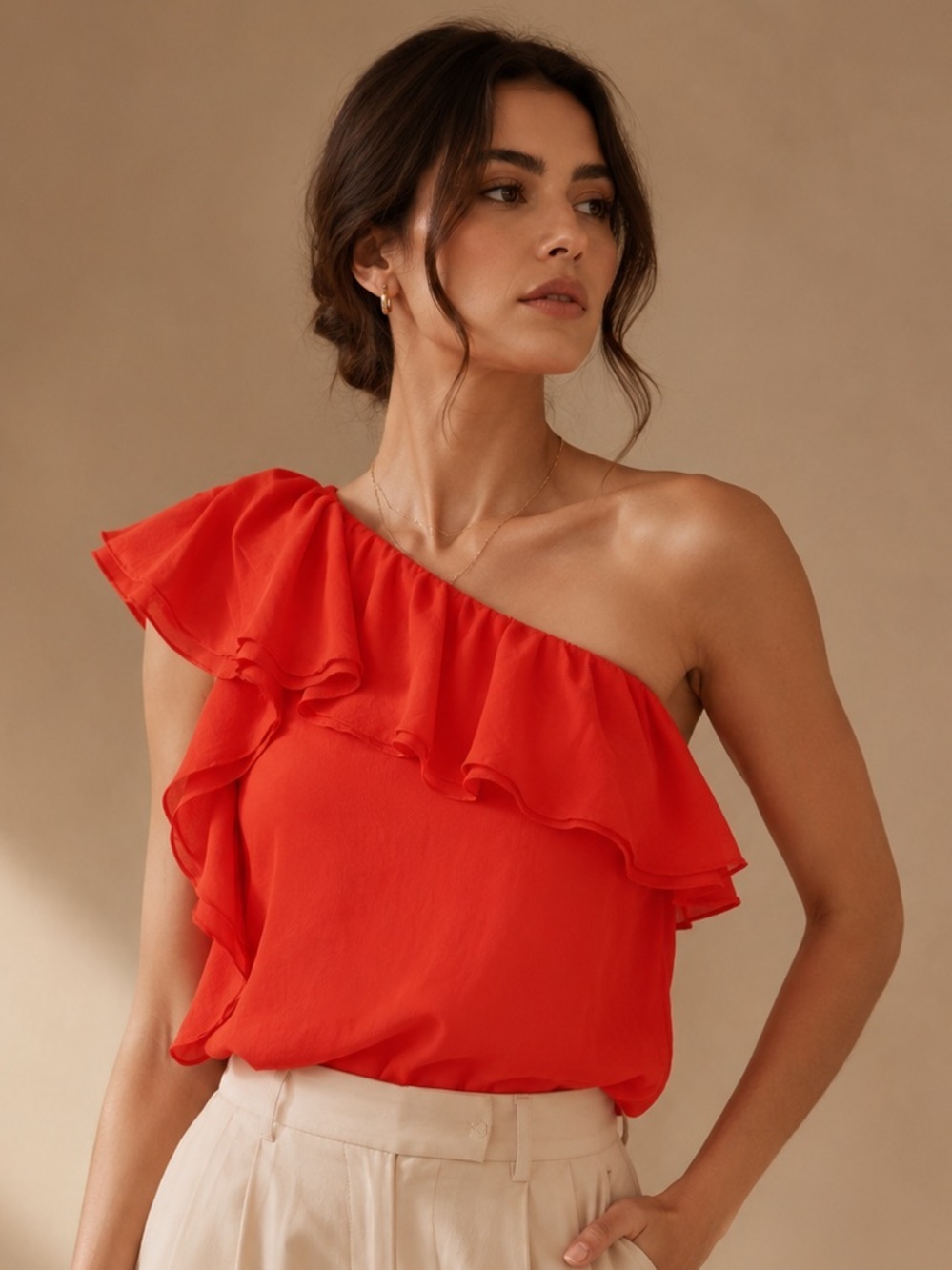 Rebecca Taylor Silk One-Shoulder Ruffle Blouse Size 6 Coral Orange Designer Top
